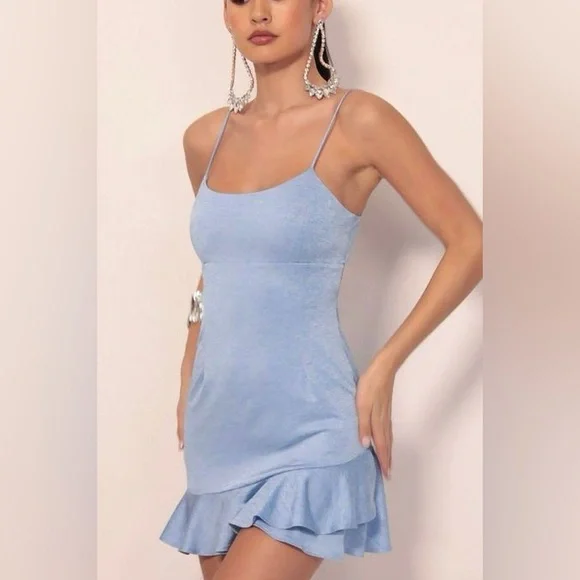 Lucy in the Sky | Dresses | Nwot Lucy In The Sky Lindy Side Ruffle Dress In  Heathered Blue | Poshmark